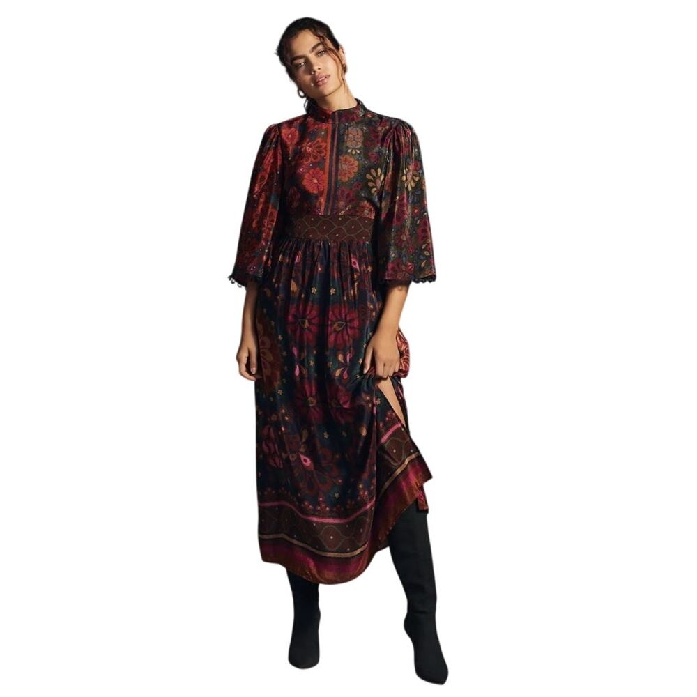 FARM RIO X ANTHROPOLOGIE Women's XL Mock Neck Floral Dress Viscose Jewel Tone